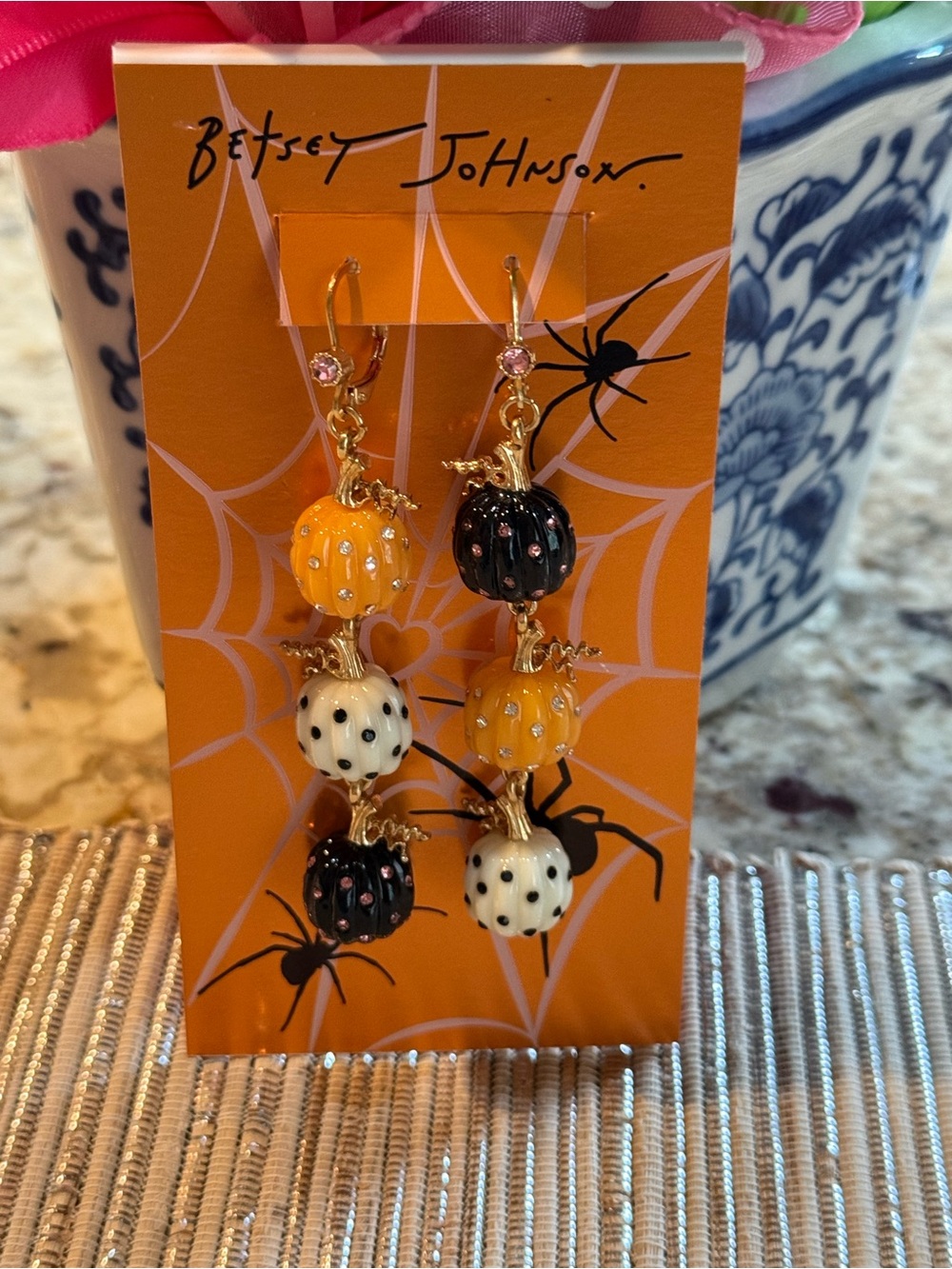 NEW BETSEY JOHNSON Faux-Stone Pretty Spooky Pumpkin Linear Dangle Earrings 3”